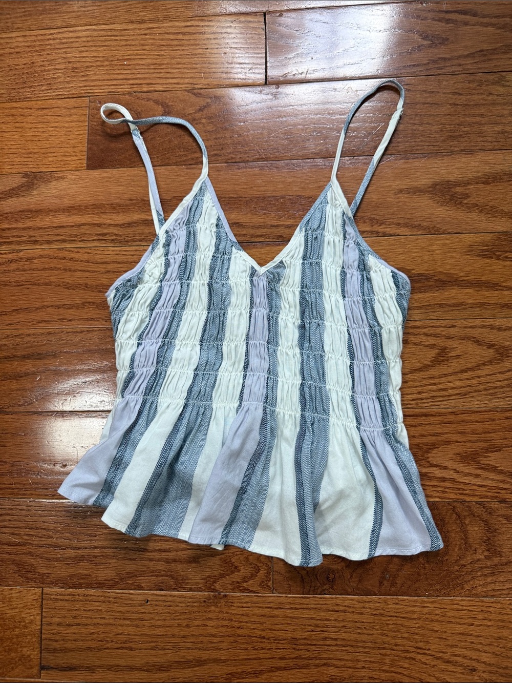 Smocked V-Neck Striped Camisole Tank - Blue & White